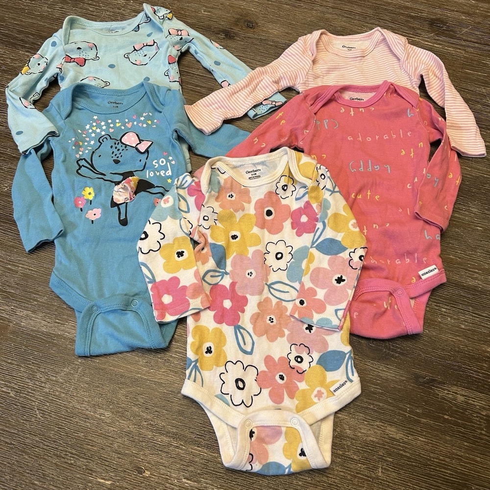 Gerber Baby Girl Bodysuit Lot 0-3 Months Long Sleeve Floral Pink Blue 5 Pc